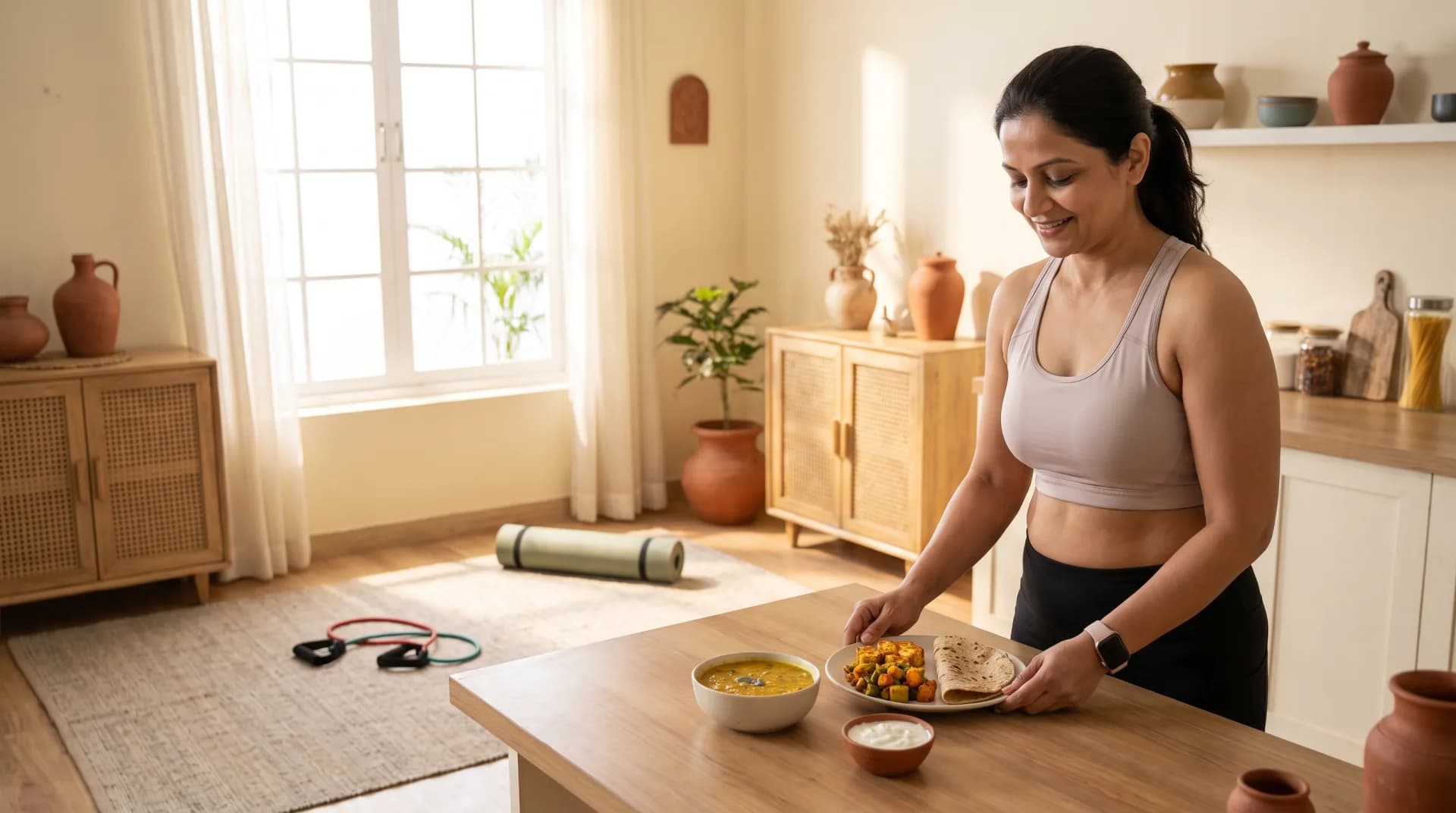 Woman preparing a balanced Indian meal after exercising at home